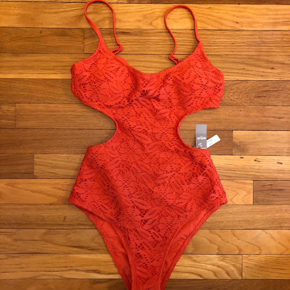 Aerie Coral Crochet Scoop One Piece